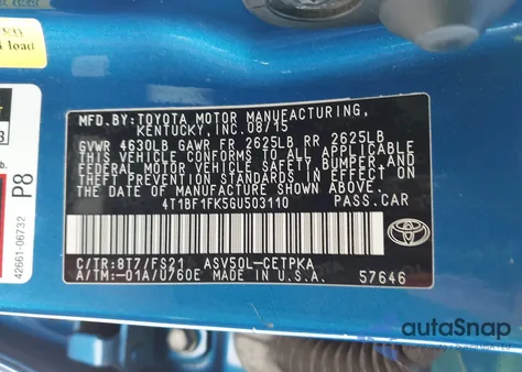 2016 Toyota Camry Se из США, поврежденный, VIN 4T1BF1FK5GU503110